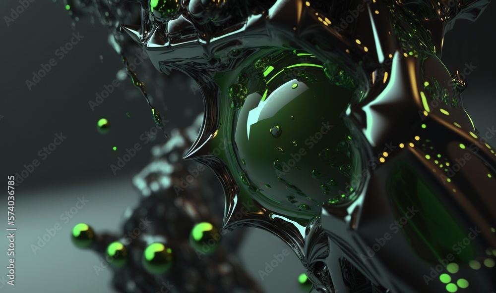  a green and black object with a lot of bubbles on its side and a black background with green dots 