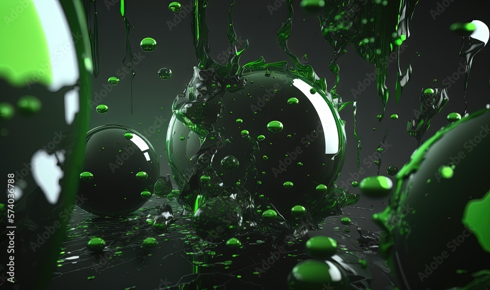  a green and black background with bubbles and a black ball in the middle of the image and a black b