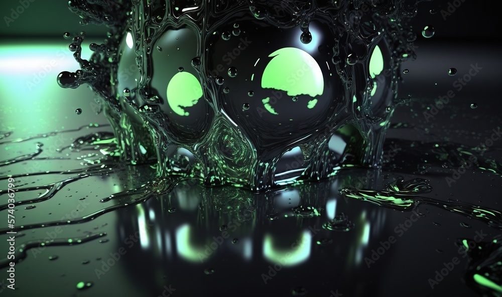  a green liquid filled with bubbles on top of a black surface with drops of water around it and a gr