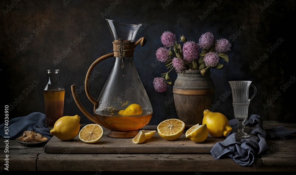  a still life of lemons, a pitcher, a glass pitcher, and a vase of flowers on a table with a cloth a