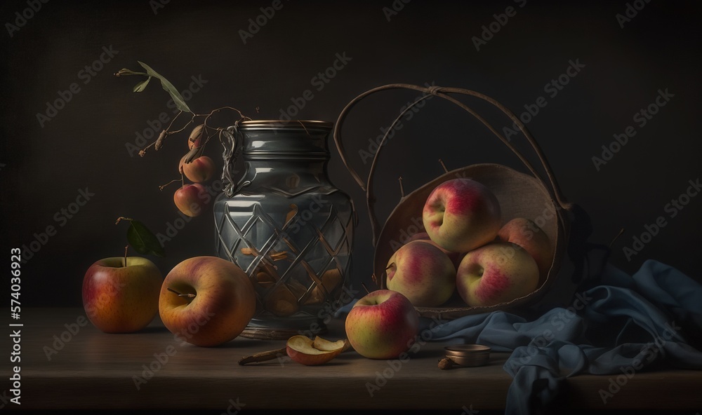  a painting of apples and a jar on a table with a blue cloth and a blue cloth on the table cloth and