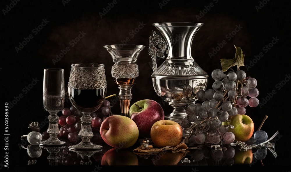  a still life of wine, apples, grapes, and other items of art on a black background with a glass of 