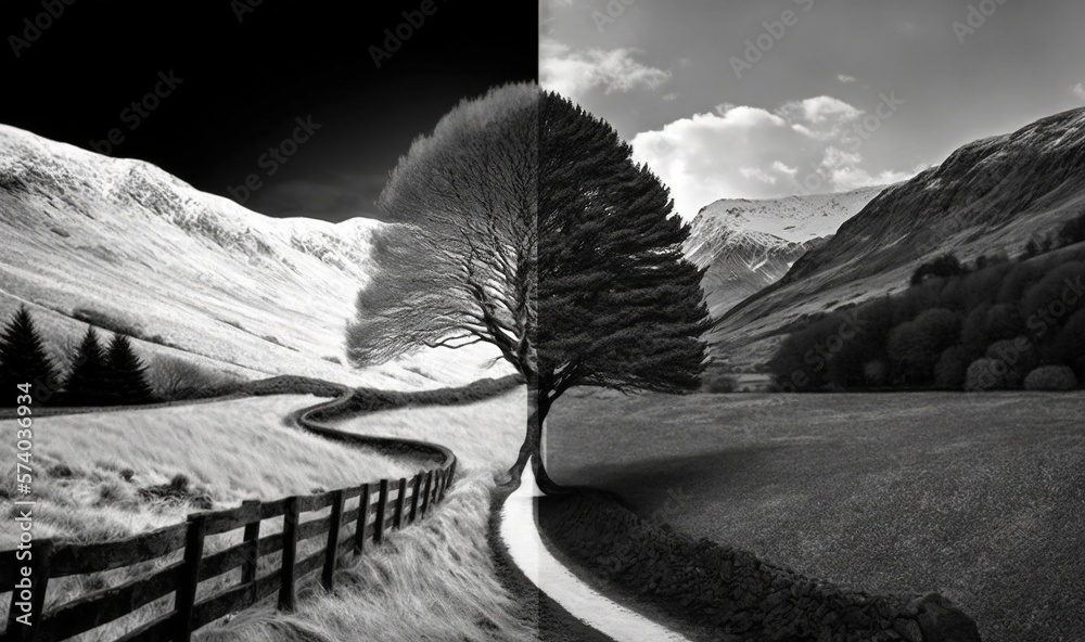  a black and white photo of a tree in a field and a black and white photo of a road in a field with 