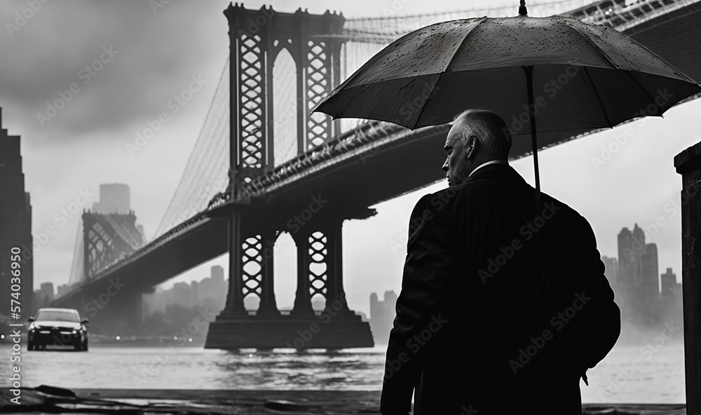  a man standing under an umbrella in front of a bridge with a car on the road below it and a bus on 