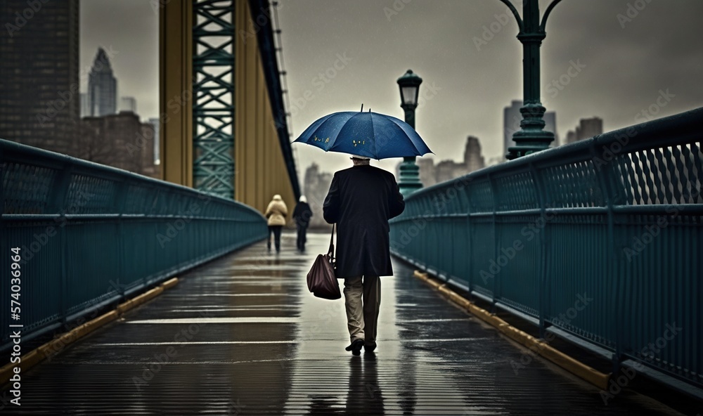  a person walking across a bridge with an umbrella over their head and a handbag on their hip, with 