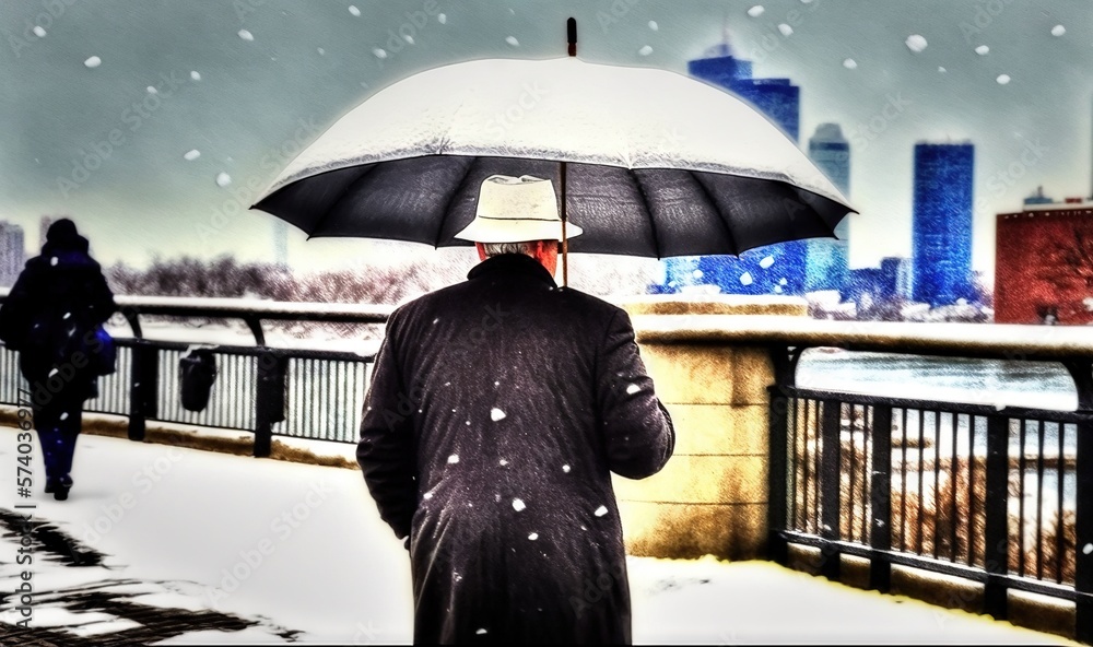  a man in a coat and hat holding an umbrella in the snow with a city skyline in the background in a 