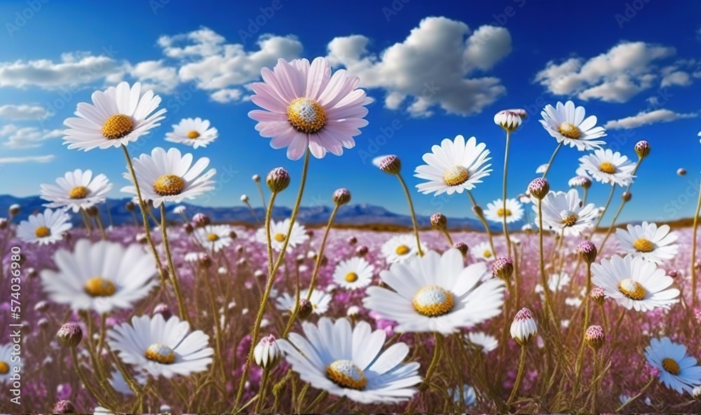  a field full of white and pink flowers under a blue sky with clouds in the background and a blue sk