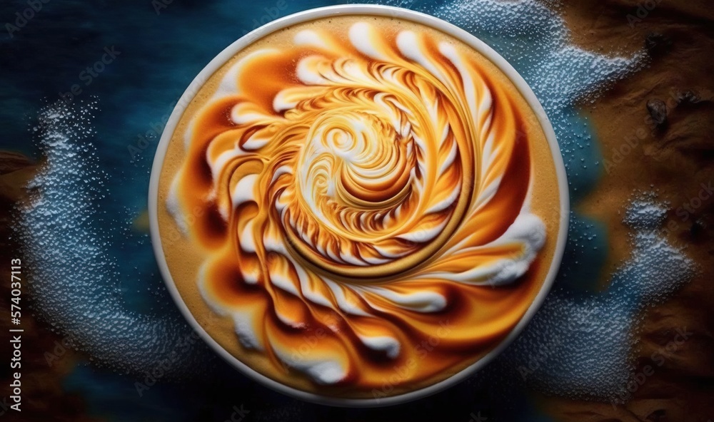  a cup of coffee with a swirl in the middle of the cup on a blue and brown background with white swi