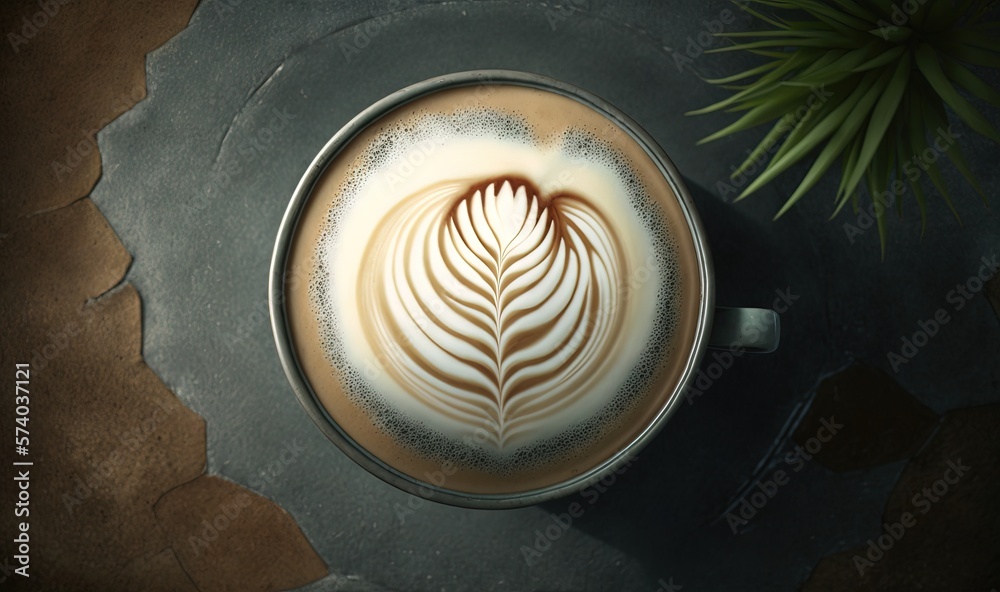  a cappuccino with a leaf design on top of a plate next to a plant on a black tablecloth with a brow