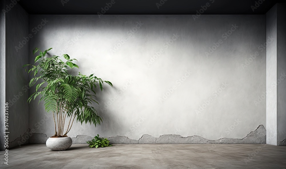  a potted plant sitting in a corner of a room with a concrete wall and a concrete floor with a cemen