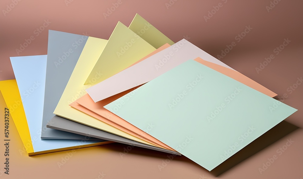  a stack of different colored papers on a table top with a brown background and a light brown backgr