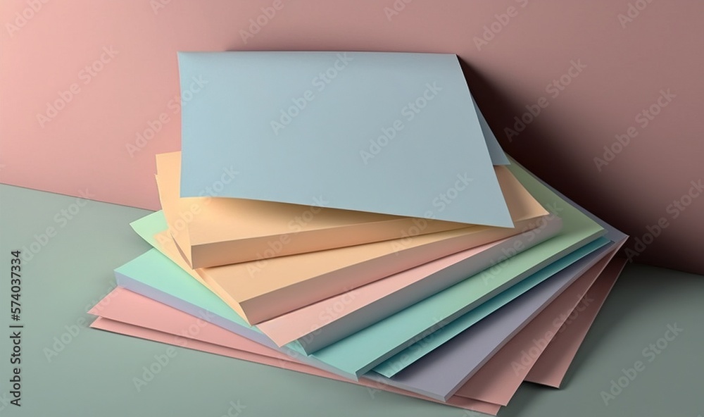  a stack of different colored papers sitting on top of each other on a table with a pink wall in the