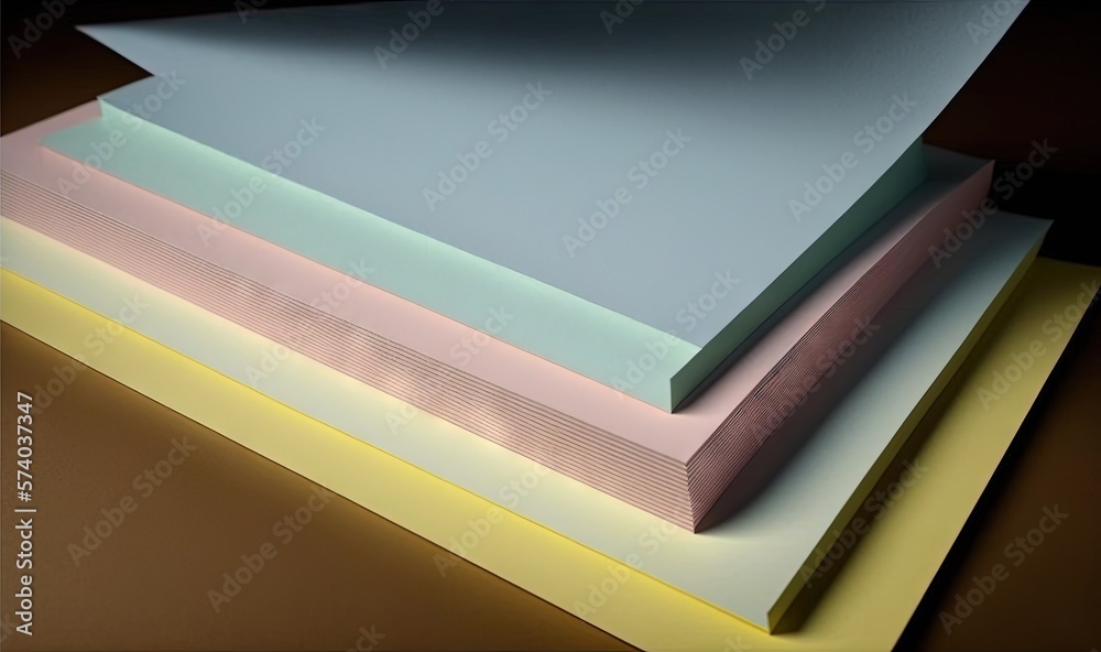  a stack of different colored papers on a brown table with a black background and a black background