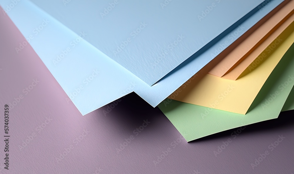  a stack of different colored papers on a purple surface with a light blue one in the middle of the 