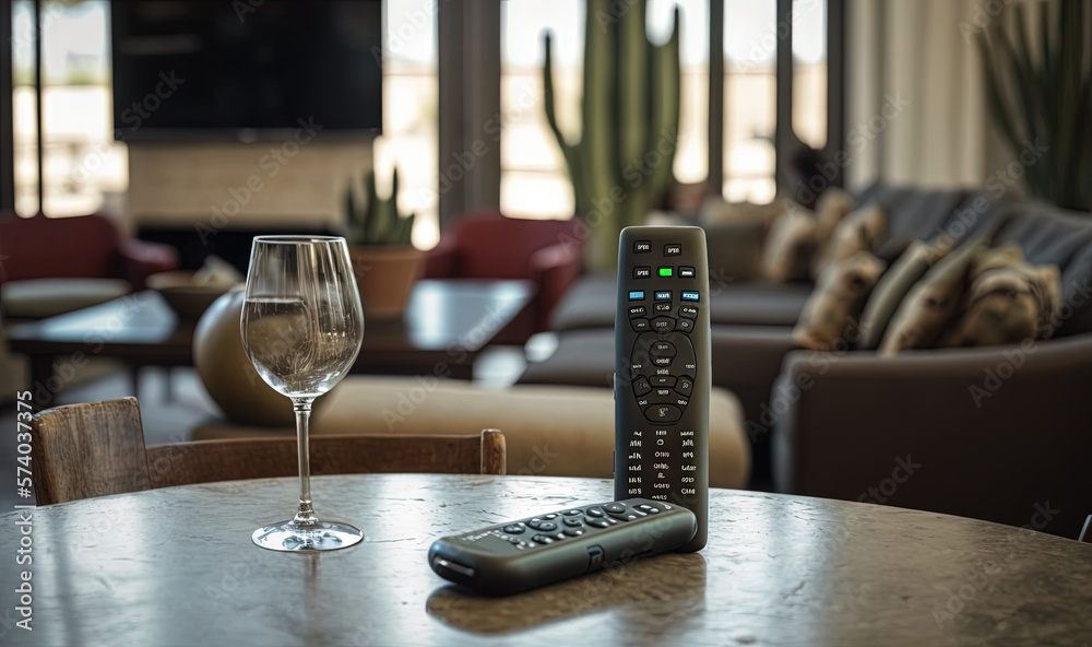  a remote control sitting on top of a table next to a glass of wine and a wine glass on the table in