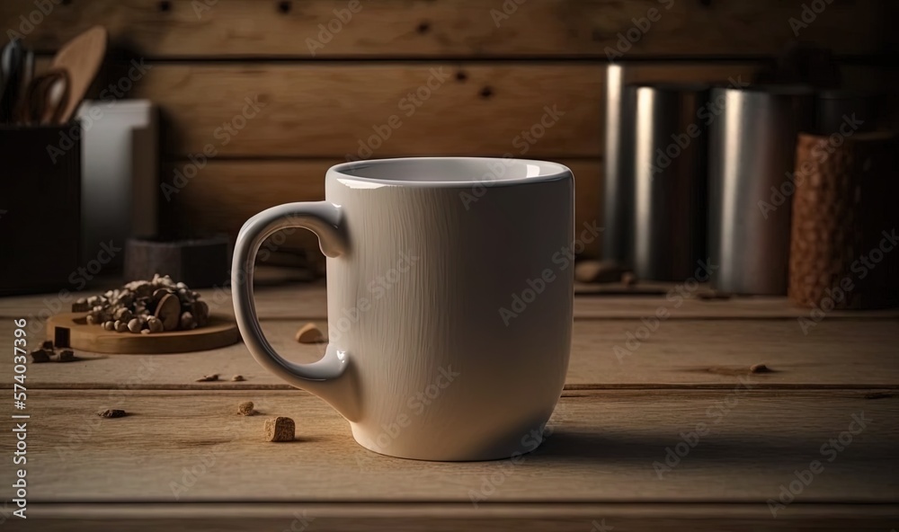  a white coffee cup sitting on top of a wooden table next to a spoon and a cup of coffee on top of a