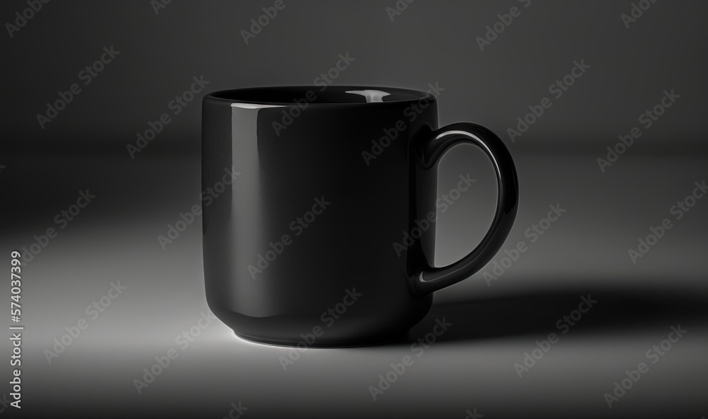  a black coffee mug sitting on top of a gray table top next to a black wall with a shadow on the flo