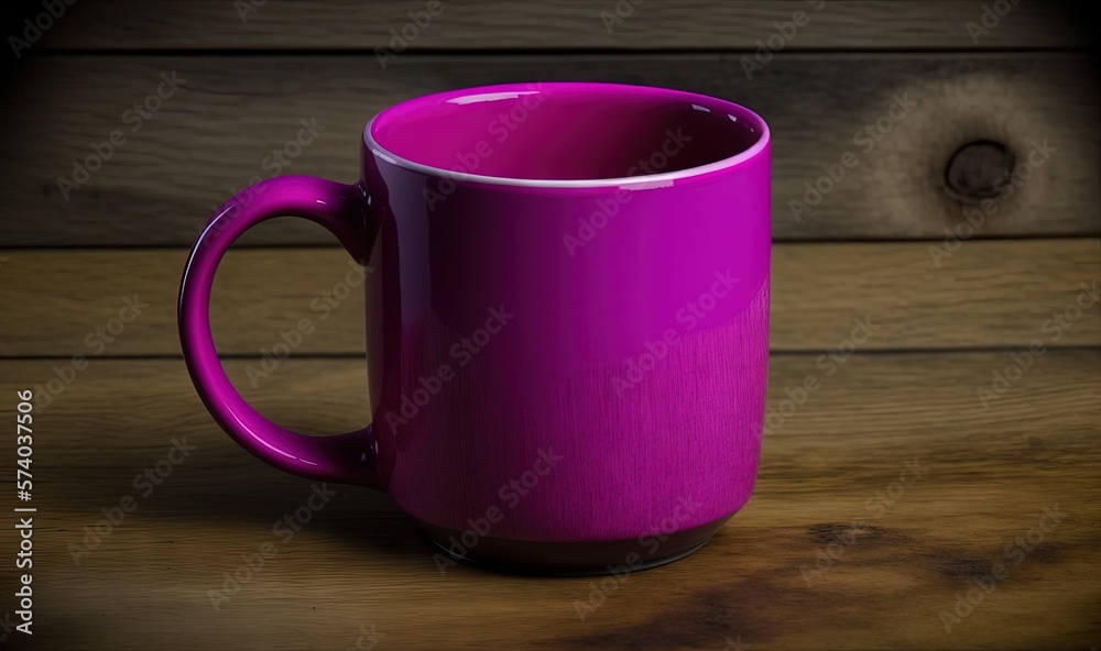  a purple coffee cup sitting on top of a wooden table next to a wooden wall and a wooden floor with 