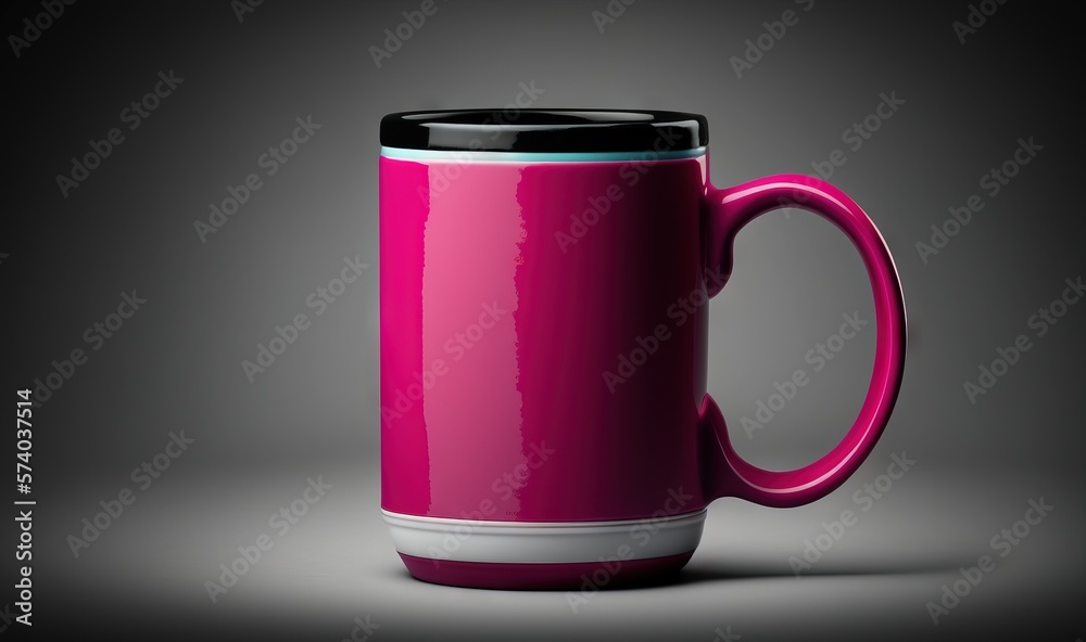  a pink coffee mug with a black lid on a gray background with a shadow of the mug in the middle of t