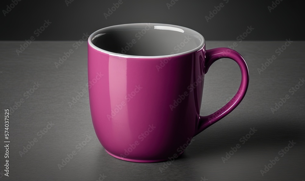  a pink coffee cup sitting on top of a table next to a black wall and a black floor with a white lin