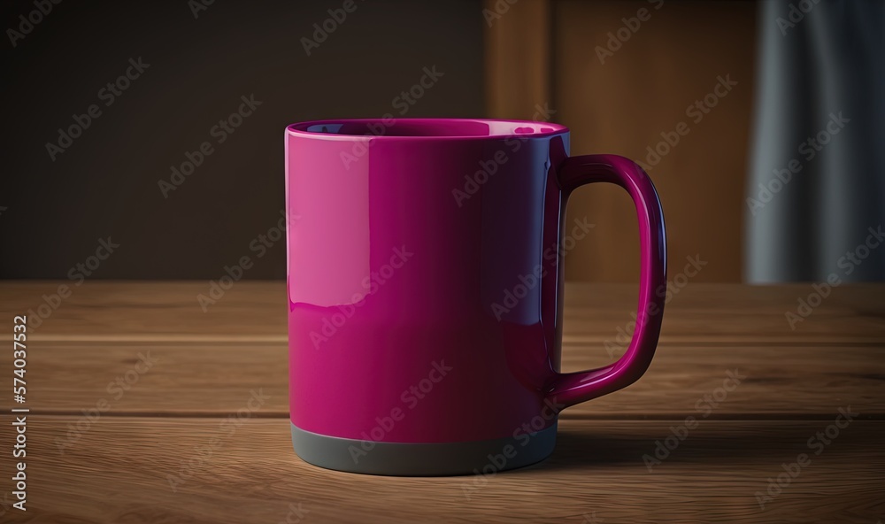  a pink coffee mug sitting on top of a wooden table next to a window with curtains in the backgrouf 