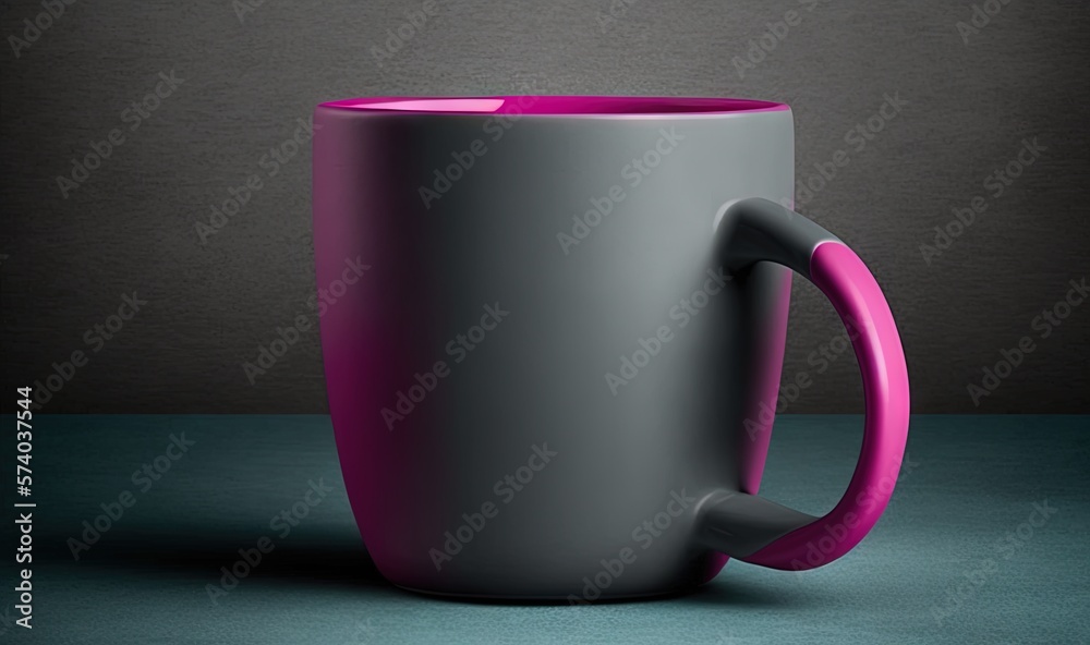  a pink and grey coffee cup sitting on a table next to a black and white wall and a black and gray w