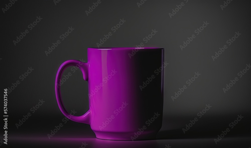  a purple coffee cup sitting on top of a black counter top next to a black wall and a black floor wi