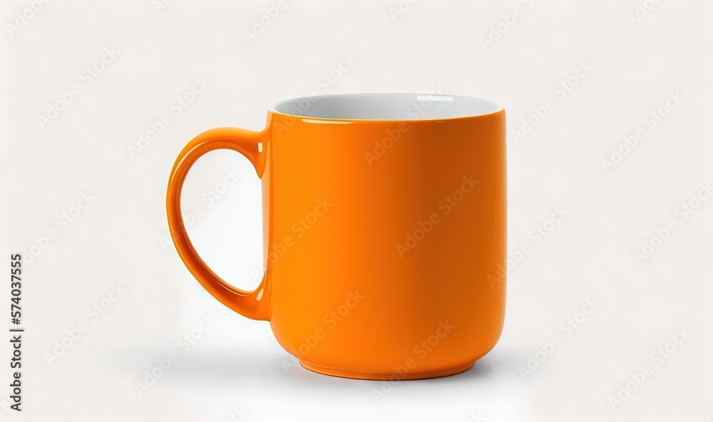  a bright orange coffee mug with a white interior sits on a white surface and is ready to be used as