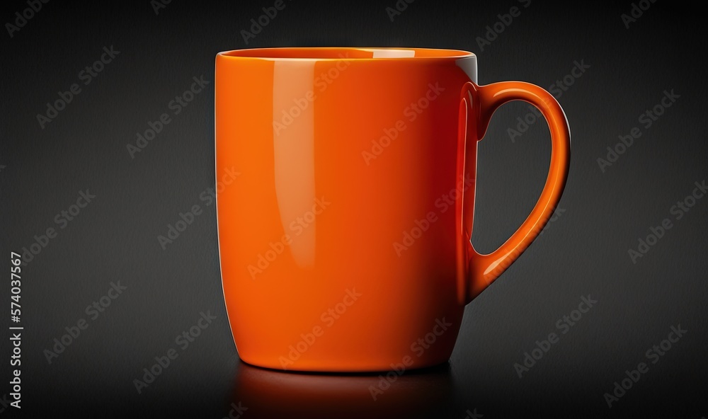  a bright orange coffee cup on a black background with a reflection of the cup on the floor and a bl