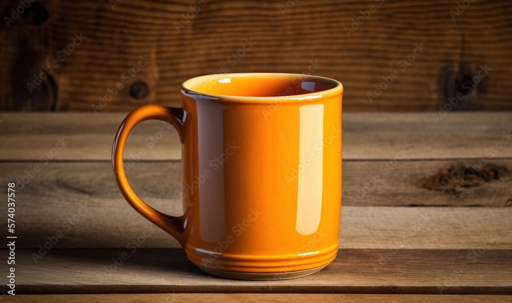  a yellow coffee mug sitting on top of a wooden table next to a wooden wall and a wooden floor with 