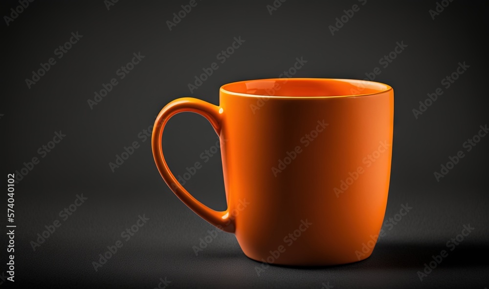  an orange coffee cup sitting on top of a black table next to a black wall and a black background wi