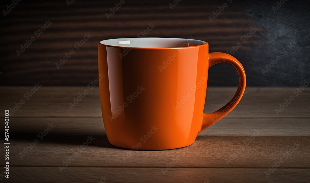  an orange coffee mug sitting on a wooden table with a black background and a white cup in the middl