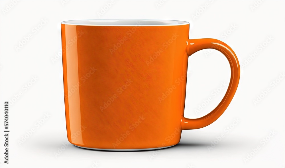  an orange coffee mug with a white rim on a white background with a shadow of a persons head on the