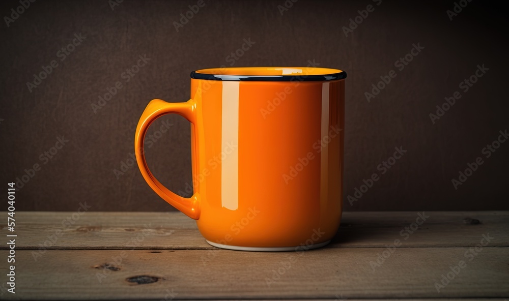  a bright orange coffee mug sits on a wooden table with a brown background and a black rim around th