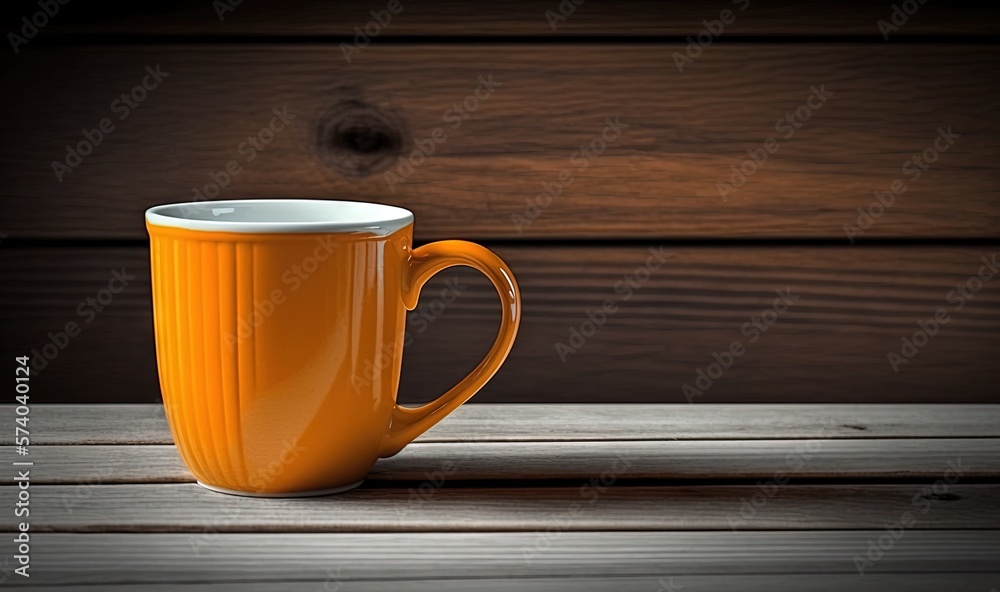  a yellow coffee cup sitting on top of a wooden table next to a wooden wall and a wooden floor with 