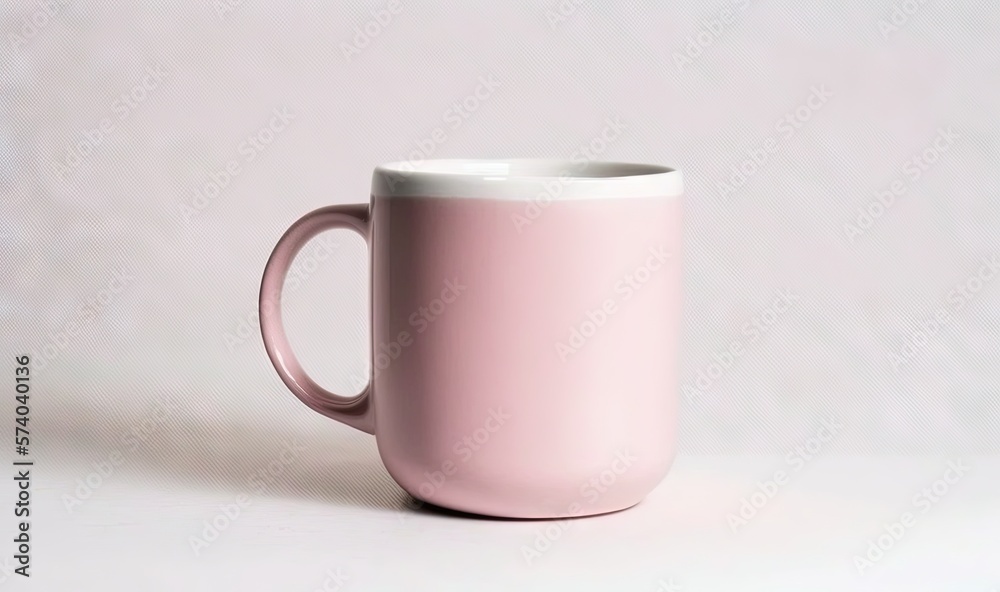  a pink coffee cup with a white rim on a white background with a slight shadow on the bottom of the 