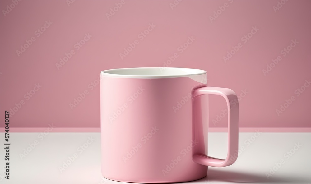  a pink coffee mug sitting on top of a white counter top next to a pink wall and a white floor with 