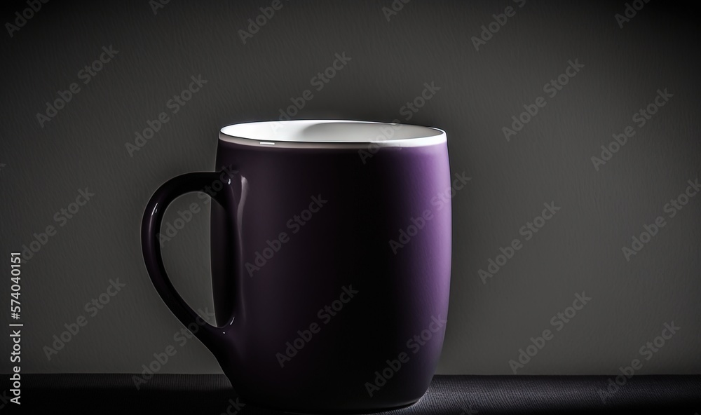  a purple coffee cup sitting on top of a black counter top next to a gray wall with a shadow on the 