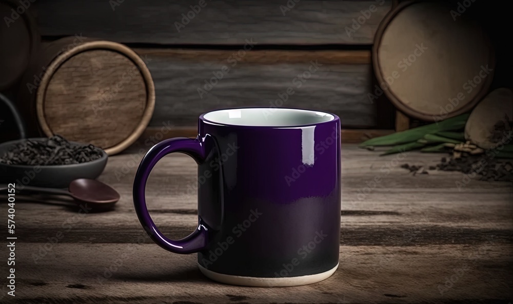  a purple coffee mug sitting on top of a wooden table next to a bowl of beans and a spoon of black b