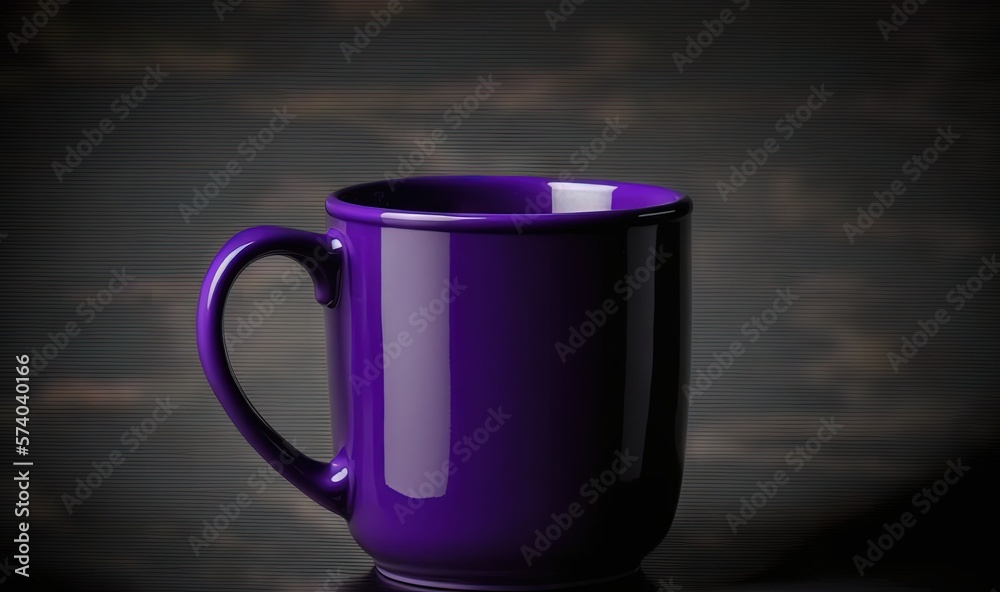  a purple coffee cup sitting on top of a table next to a black wall and a black floor with a shadow 