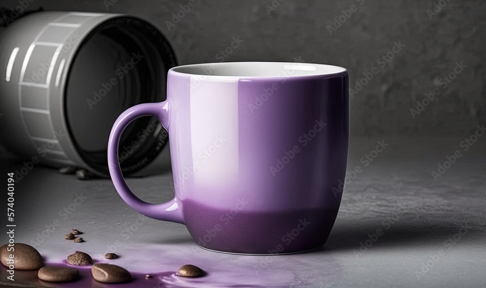  a purple coffee cup sitting on top of a table next to a can of coffee and a pile of nuts on the flo