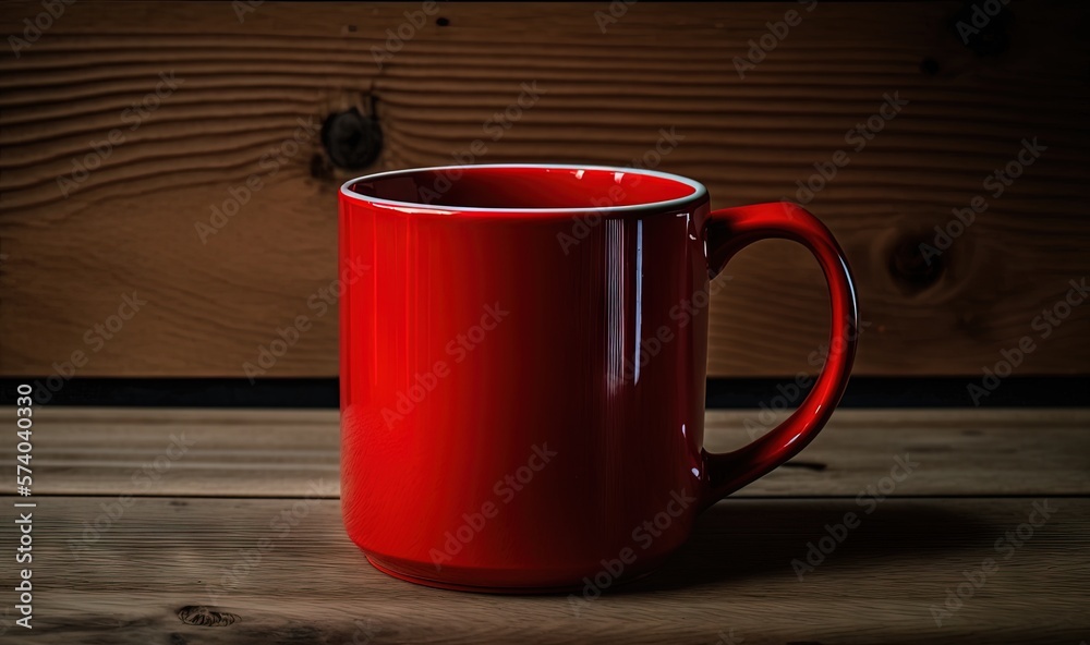  a red coffee mug sitting on a wooden table next to a wood paneled wall and a wooden door with a lig