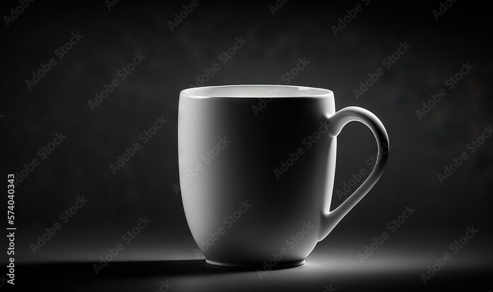  a white coffee cup sitting on top of a black counter top next to a black wall with a shadow on the 