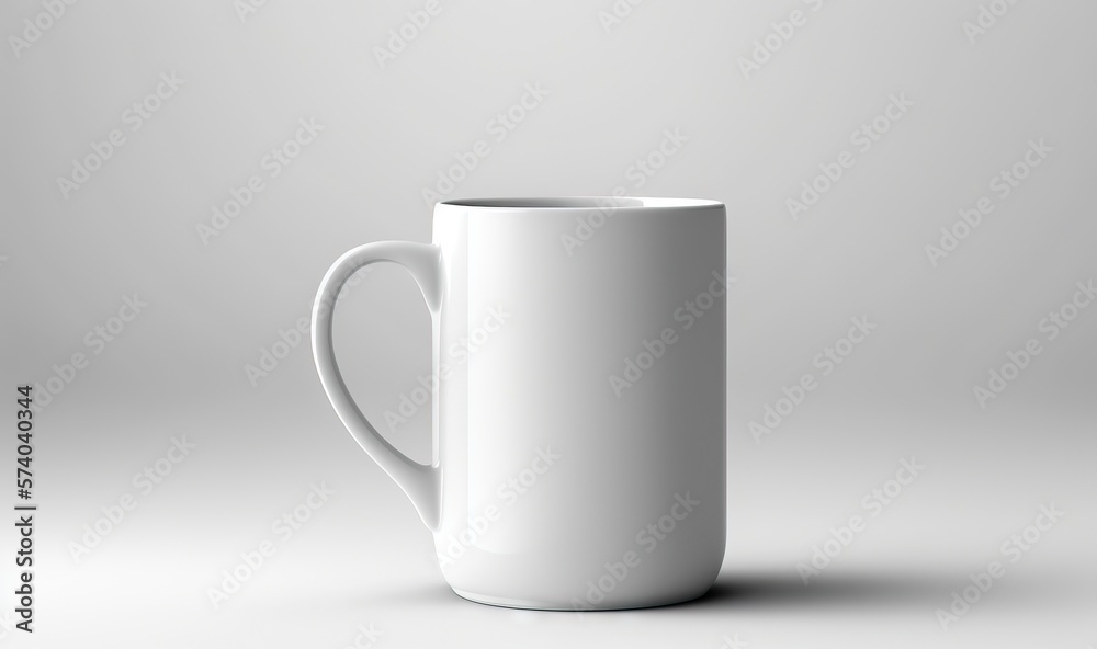  a white coffee mug is shown on a gray background with a shadow of the mug on the ground and a white