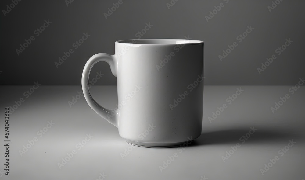  a white coffee cup sitting on top of a gray table top next to a black and white wall behind it is a