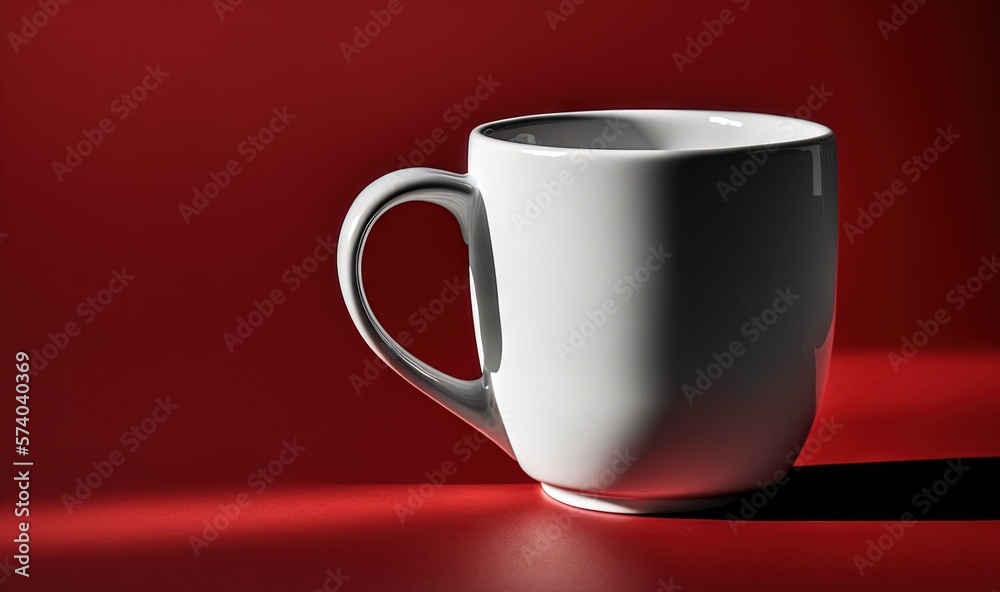  a white coffee cup sitting on top of a red table top next to a red wall with a shadow on the floor 