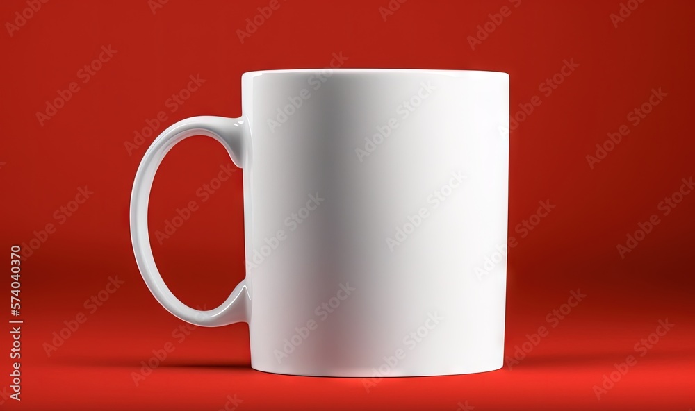  a white coffee mug sitting on a red surface with a shadow on the ground and a red wall behind it, w