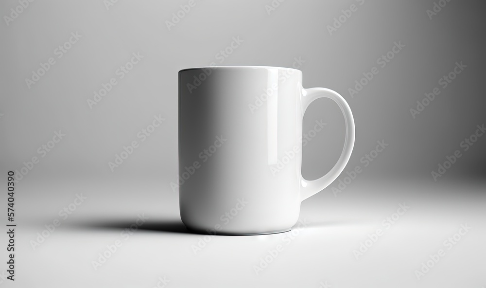  a white coffee mug sitting on a table with a shadow on its surface and a gray background behind it