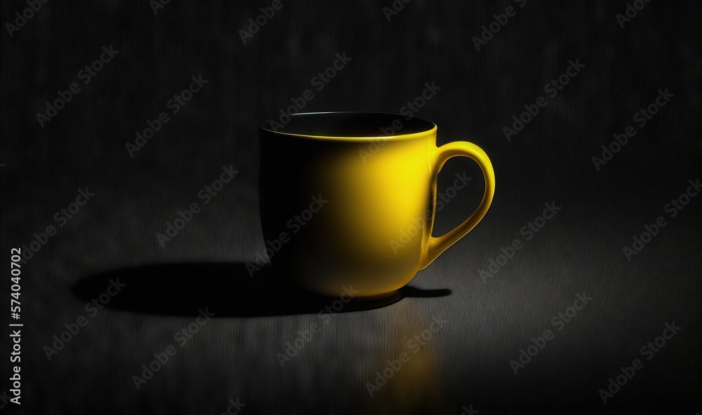  a yellow coffee cup sitting on top of a black counter top next to a black wall with a shadow on the