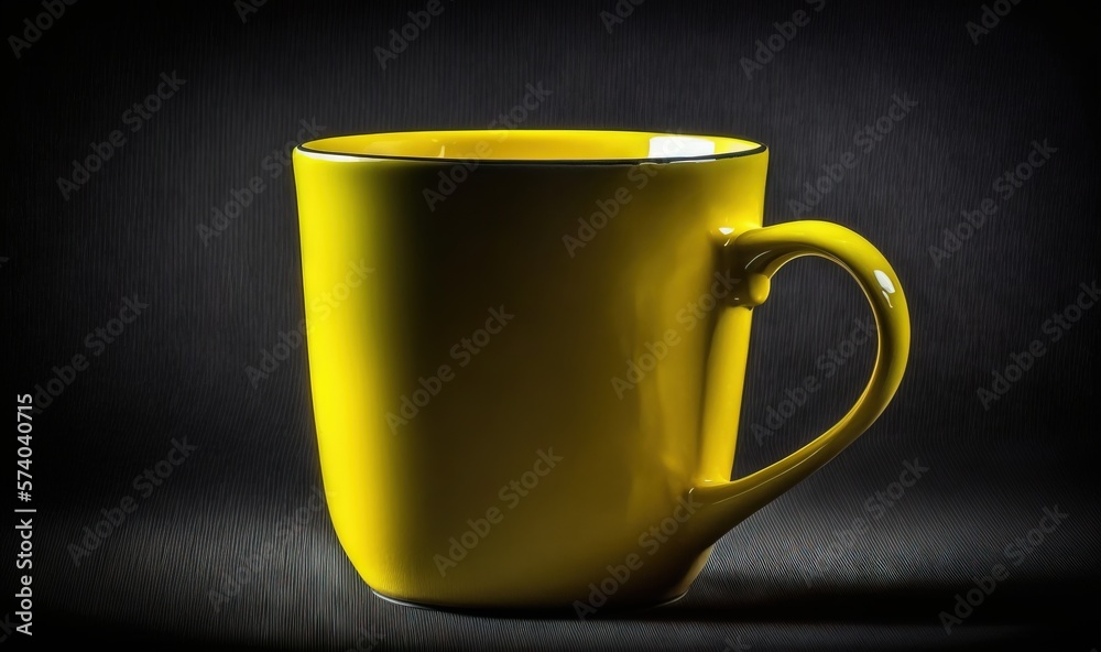  a yellow coffee cup sitting on top of a black tablecloth covered table top with a black background 